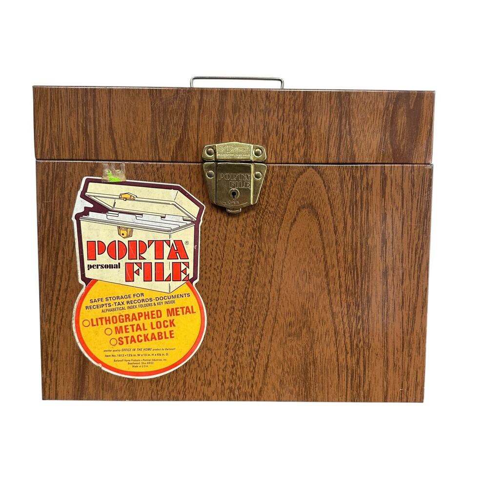 Vintage Ballonoff Porta File Wood Grain Metal Storage Keepsake Box Case No Key